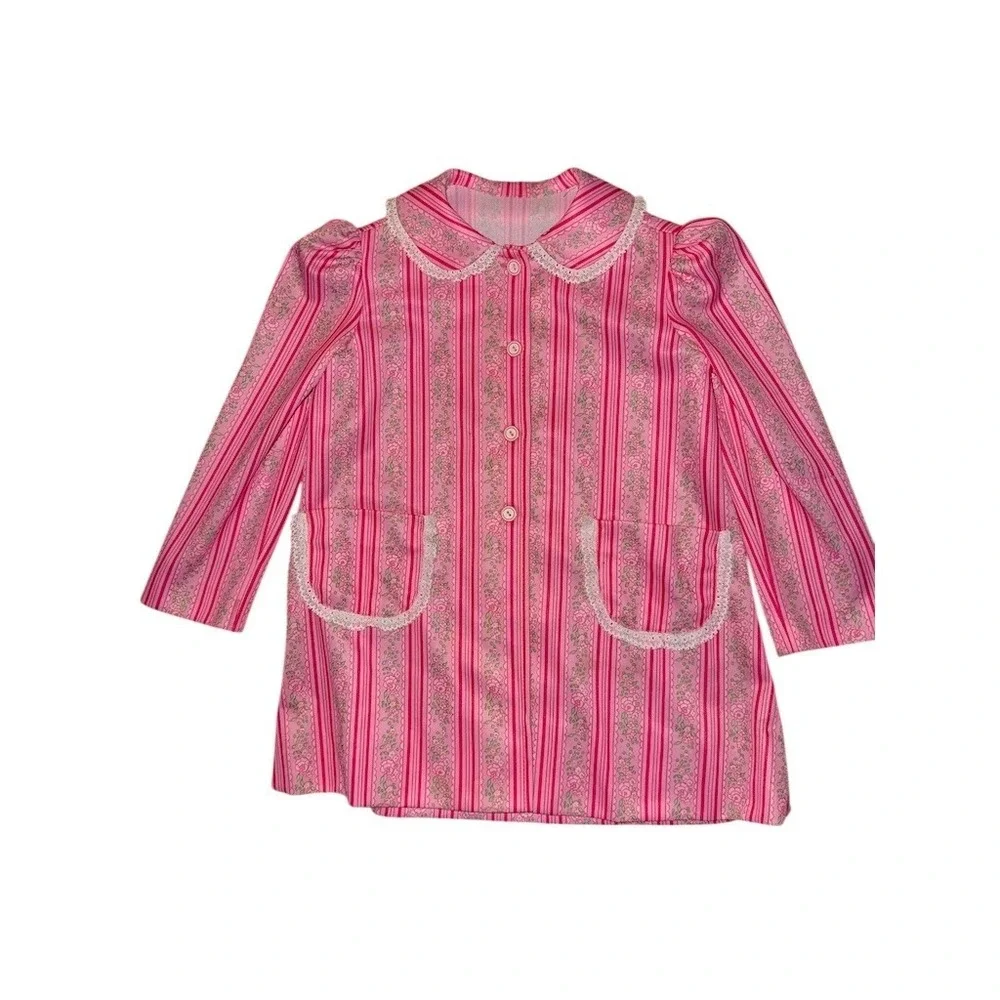 Vtg 60s‎ 70's Girls 2T Pink Striped Flower power Dress Jacket Set Easter Spring
